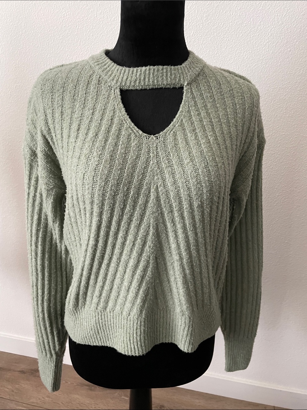 SO Sage Green Ribbed Crewneck Sweater with Keyhole